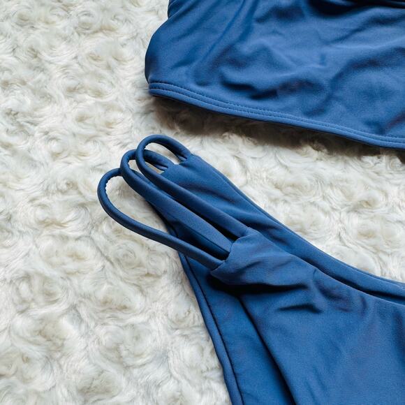 Blue Strappy Adjustable 2 piece High Cut Bikini Swimwear Bathing Suit Size Small - Picture 2 of 5